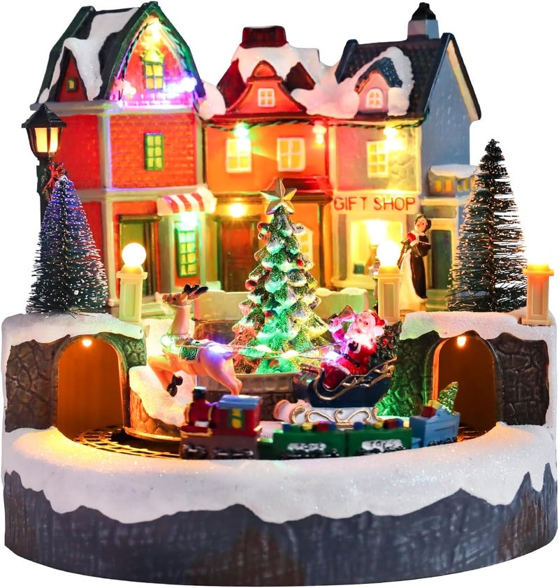 CHONSUN Christmas Village Sets 9 Inch Animated Moving Christmas Tree Train USB/3AA Batteries Music Village House Indoor Decoration Xmas Town Houses for Holiday Decor - Image 1